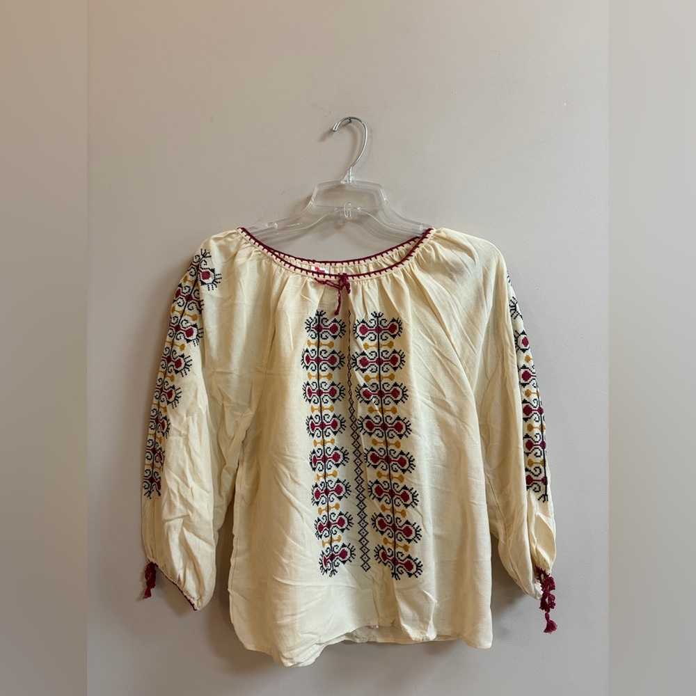 Vintage Handmade Yugoslavian Folk Art Embroidered Peasant Blouse Shirt Top